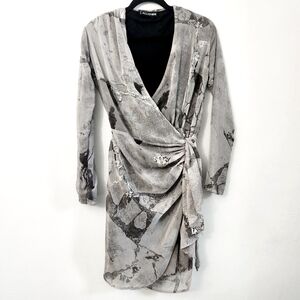 Religion Printed Gray Silver Detail Ruched Wrap Knee Length Plunge Neck Dress